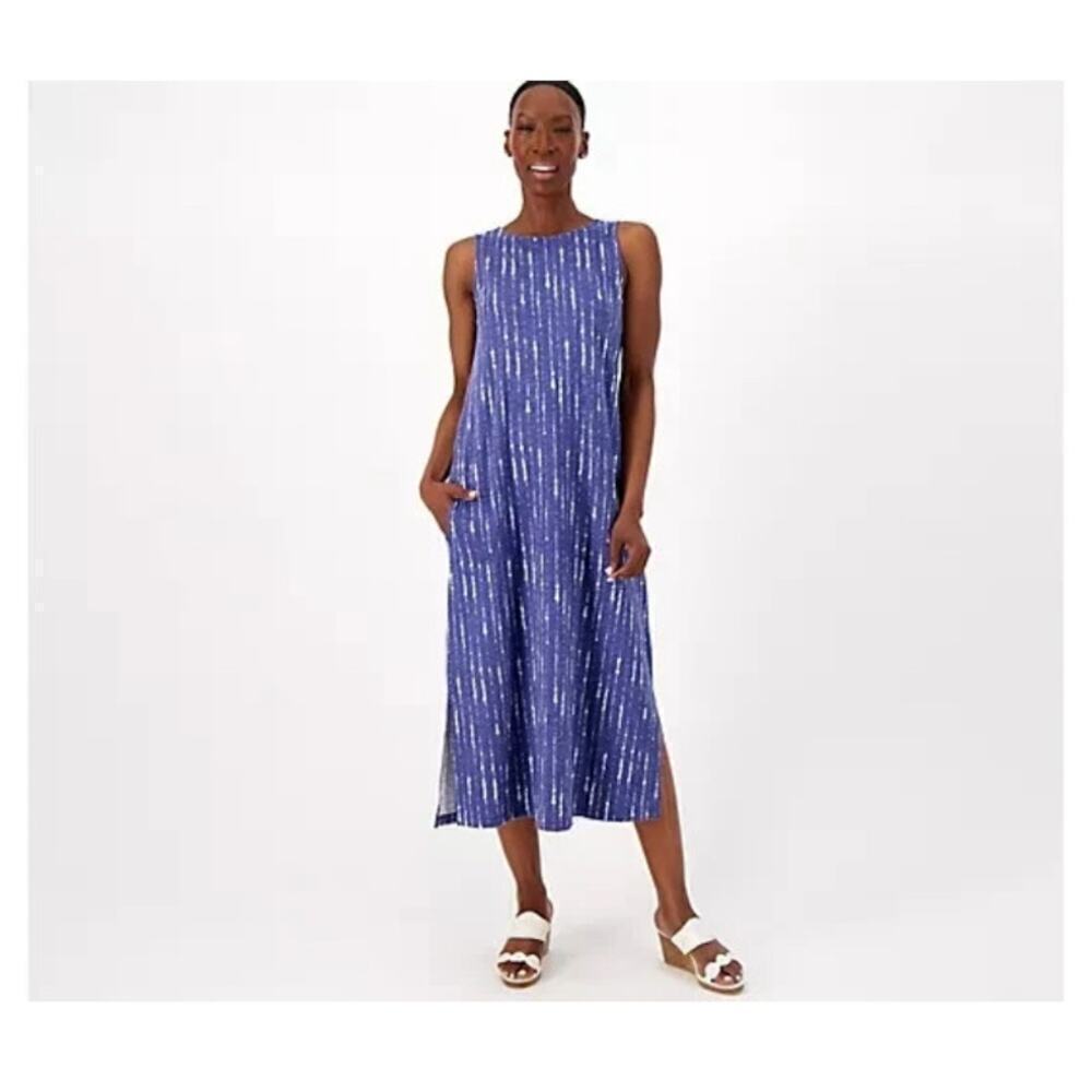 Denim & Co Naturals Linen Blend Midi Dress in Indigo White Pattern Size XSP